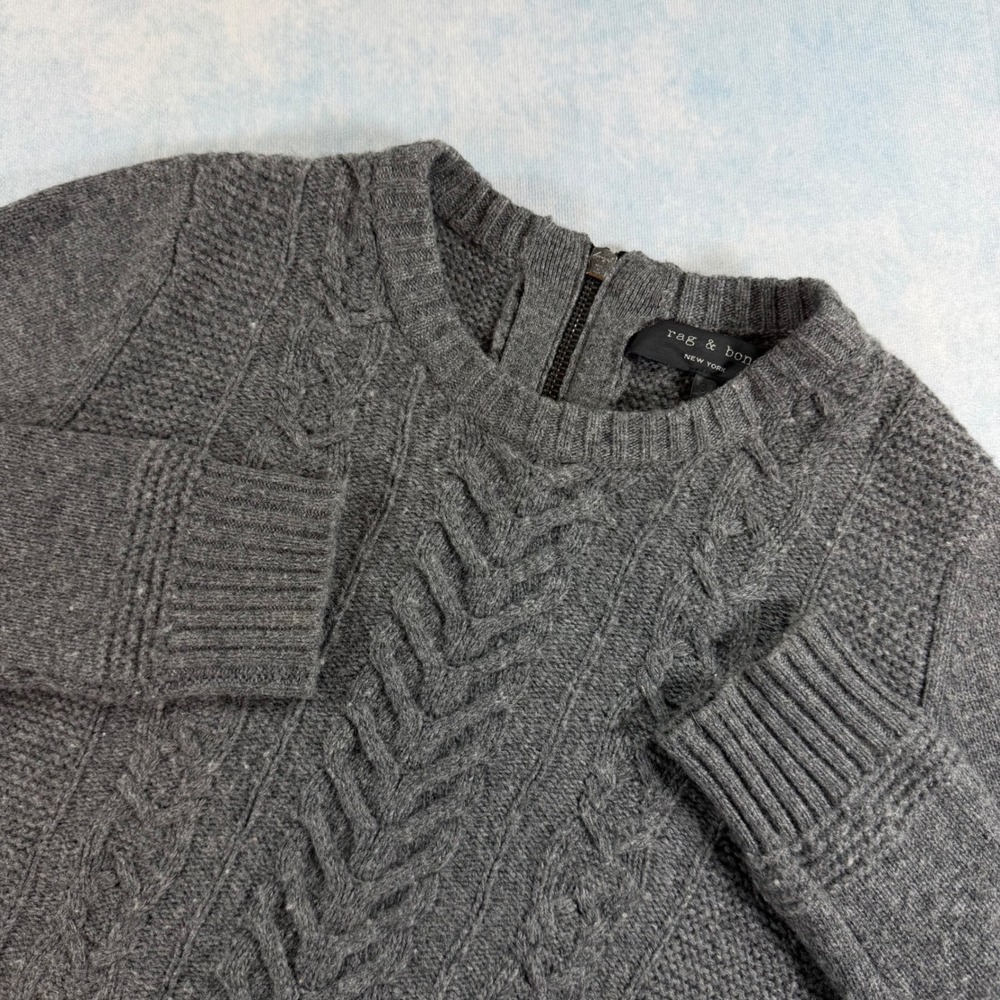 Rag & Bone Cable Knit Sweater Womens S Gray Excellent Back Zip 100% Wool